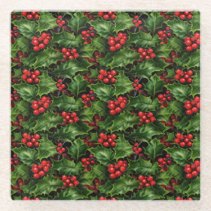 Posavasos De Vidrio Navidades Holly Leasing Y Red Berries Pattern