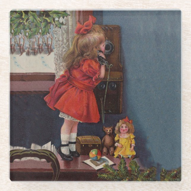 Posavasos De Vidrio Navidades Niña Teléfono Antigüedad (Anverso)