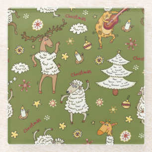 Posavasos De Vidrio Navidades Oveja: Ilustracion de la Vintage Animal.