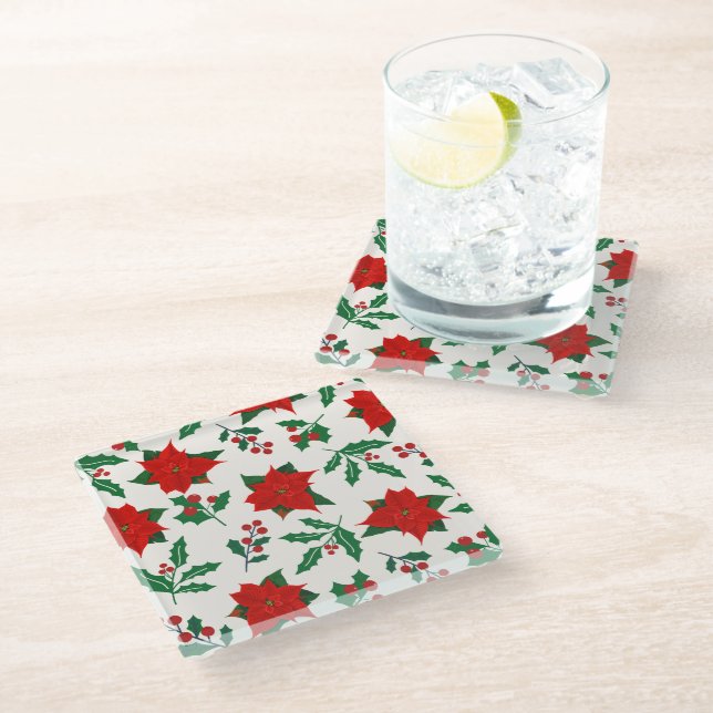 Posavasos De Vidrio Navidades Poinsettia & Holly Floral Coaster (Angular)