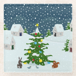 Posavasos De Vidrio Navidades pueblo de nieve con árbol de navidad y a