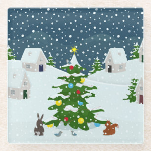 Posavasos De Vidrio Navidades pueblo de nieve con árbol de navidad y a
