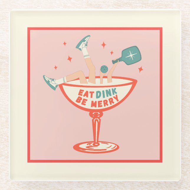 Posavasos De Vidrio Navidades Retro Eat, Dink y Be Merry Pickleball (Anverso)