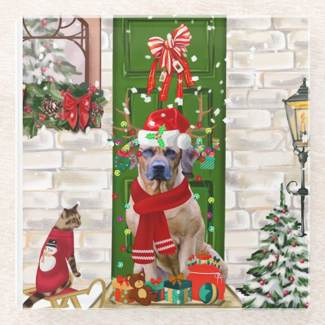 Posavasos De Vidrio Navidades Ridgeback Perro Rhodes (Anverso)