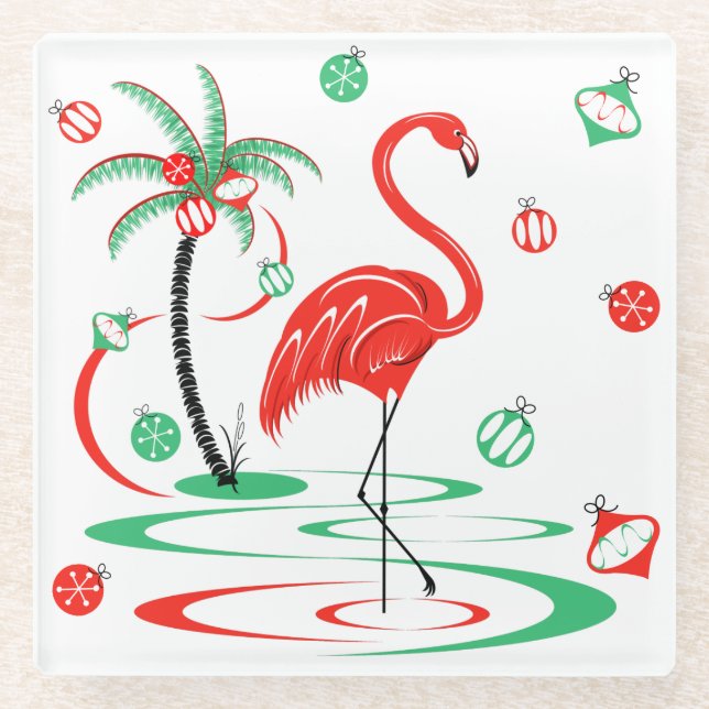 Posavasos De Vidrio Navidades rojos Flamingo Baubles vidrio de montaña (Anverso)