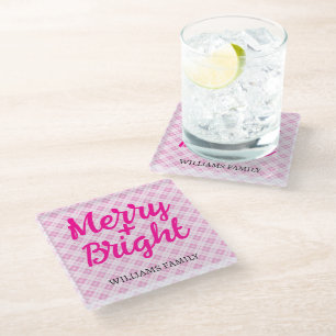 Posavasos De Vidrio Navidades rosados tartán Merry Bright Nombre de la