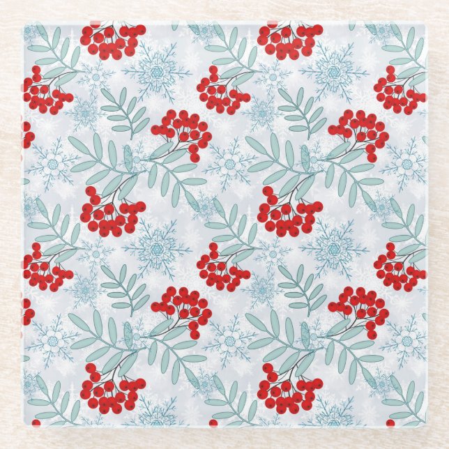 Posavasos De Vidrio Navidades, Rowan, rojo, blanco, copos de nieve (Anverso)