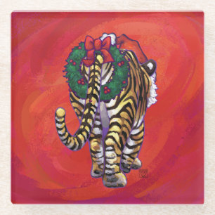 Posavasos De Vidrio Navidades tigres en rojo
