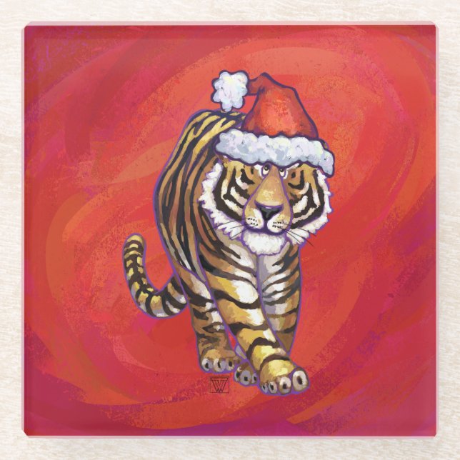Posavasos De Vidrio Navidades tigres en rojo (Anverso)