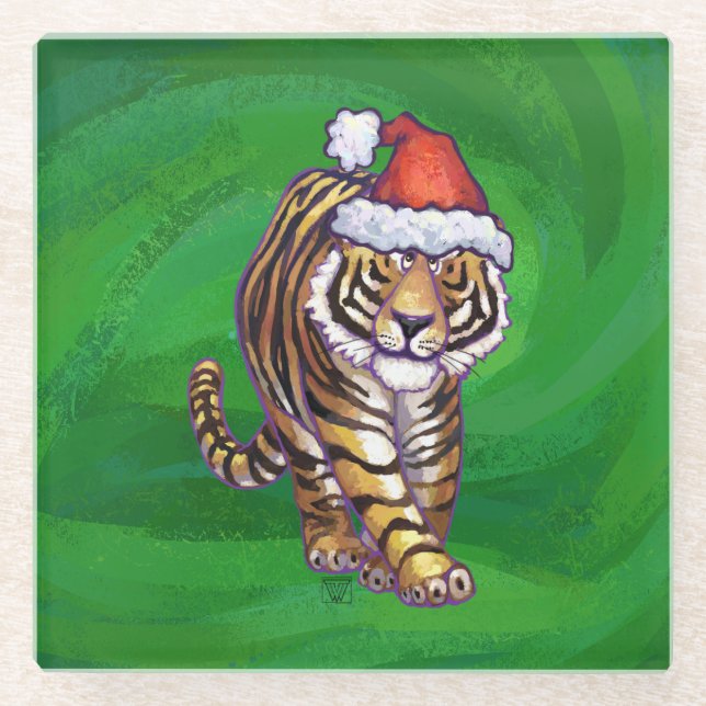 Posavasos De Vidrio Navidades Tigres En Verde (Anverso)
