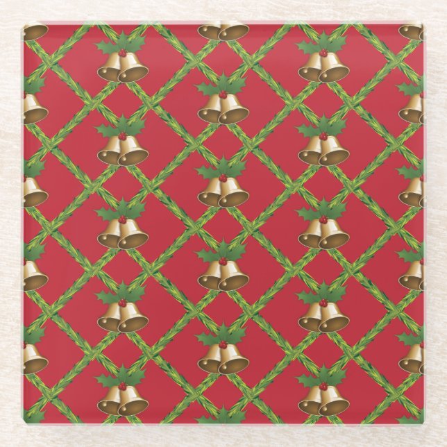 Posavasos De Vidrio Navidades tradicionales campanas de jingle rojas y (Anverso)