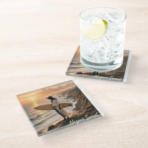 Posavasos De Vidrio Nazaré Sunset Surf Coaster – Fotografía Costera de