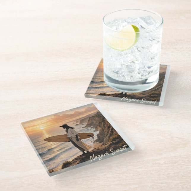 Posavasos De Vidrio Nazaré Sunset Surf Coaster – Portugal Coastal Phot (Angular)