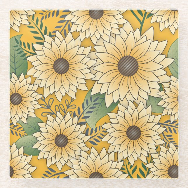 Posavasos De Vidrio Negrita Floral Amarillo Sunflower Garden (Anverso)