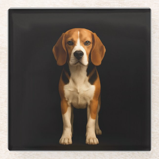 Posavasos de vidrio negro 4 Luxe, Beagle amable (Anverso)