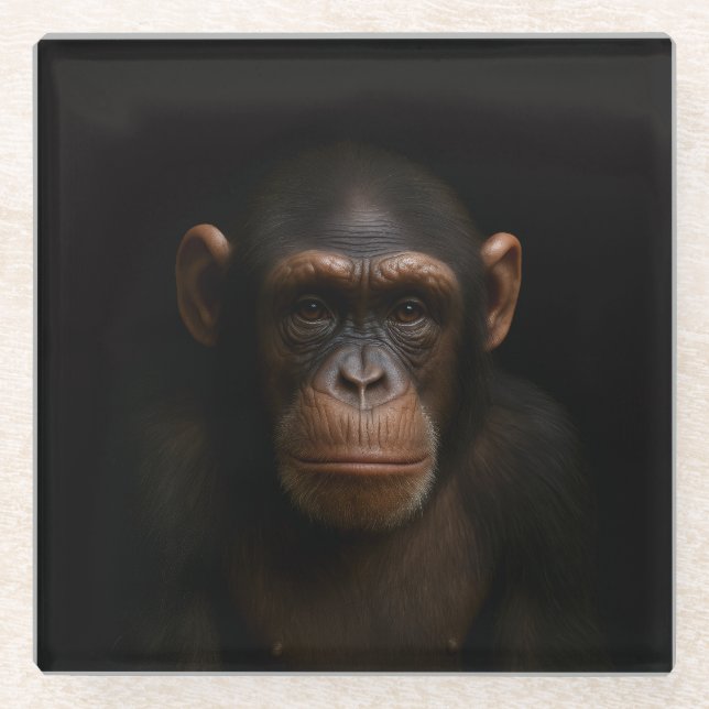 Posavasos de vidrio negro 4 Luxe, chimpancé sereno (Anverso)
