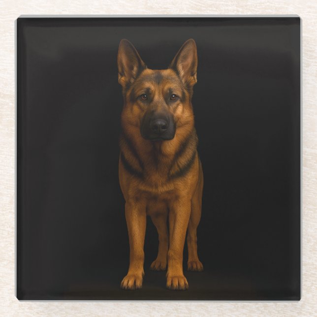 Posavasos de vidrio negro 4 Luxe con perro pastor  (Anverso)