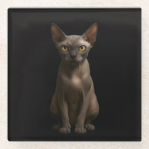 Posavasos de vidrio negro 4 Luxe, gato Sphynx