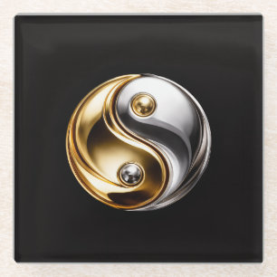 Posavasos de vidrio negro 4 Luxe, Harmony Yin Yang