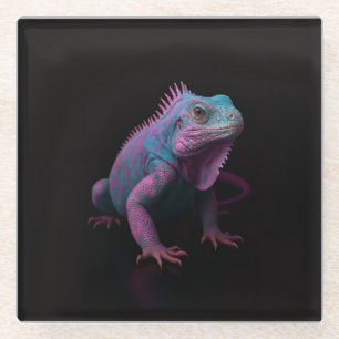 Posavasos de vidrio negro 4 Luxe, Iguana rosa trop