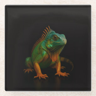 Posavasos de vidrio negro 4 Luxe, Iguana verde