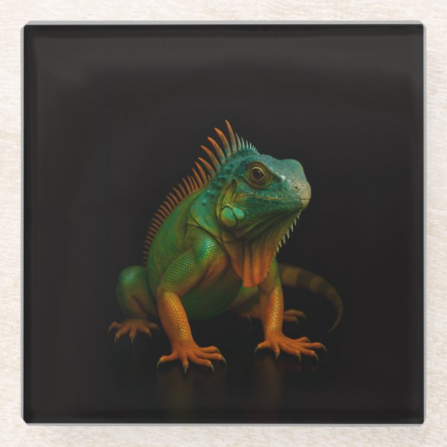 Posavasos de vidrio negro 4 Luxe, Iguana verde (Anverso)
