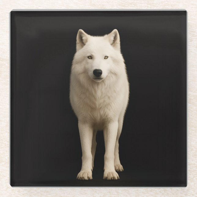 Posavasos de vidrio negro 4 Luxe, Lobo Ártico Marf (Anverso)