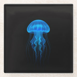 Posavasos de vidrio negro 4 Luxe, Medusa azul neón