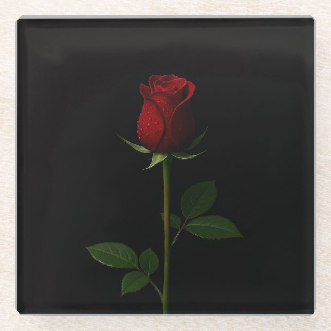 Posavasos de vidrio negro 4 Luxe, Rosa Roja Tercio (Anverso)