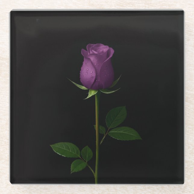 Posavasos de vidrio negro 4 Luxe, Rosa Violeta Rea (Anverso)