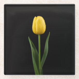 Posavasos de vidrio negro 4 Luxe, Tulipán Amarillo
