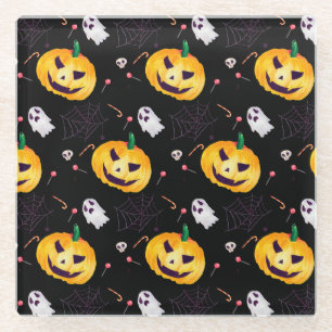 POSAVASOS DE VIDRIO NEGRO CON HALLOWEB NARANJA Y FANTASMAS