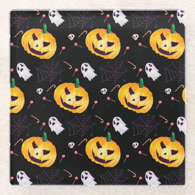 POSAVASOS DE VIDRIO NEGRO CON HALLOWEB NARANJA Y FANTASMAS (Anverso)