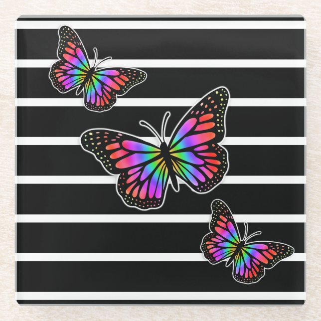 Posavasos De Vidrio Negro y mariposa rayado moderno (Anverso)