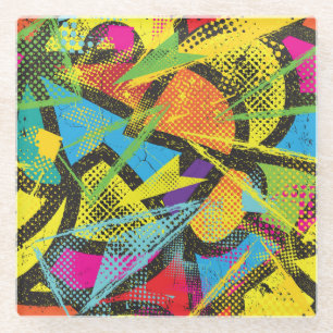 Posavasos De Vidrio Neón caótico: Patrón de graffiti abstracto.