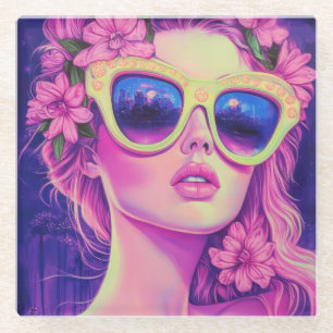 Posavasos De Vidrio Neon Dream Chica con gafas de sol florales