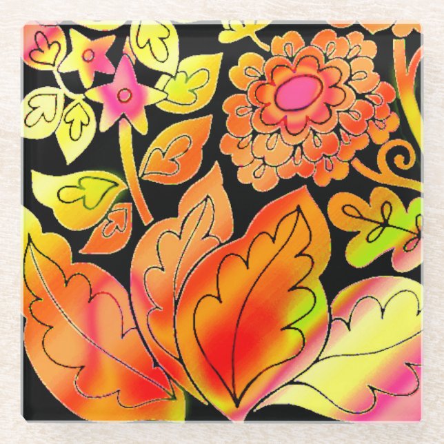 Posavasos De Vidrio Neon Flowers (Anverso)