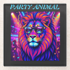 Posavasos De Vidrio Neon Lion Party Animal – Colourful Retro Graphic