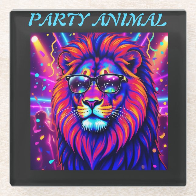 Posavasos De Vidrio Neon Lion Party Animal – Colourful Retro Graphic (Anverso)