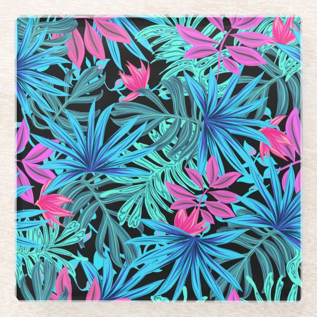 Posavasos De Vidrio Neon Pink and Blue Tropical Plant Pattern (Anverso)