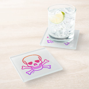 Posavasos De Vidrio Neon Skull n Bones de vidrio blanco