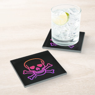 Posavasos De Vidrio Neon Skull n Bones escaparate de vidrio negro