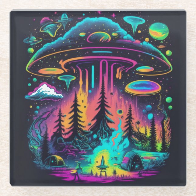 Posavasos De Vidrio Neon UFO y Alien Scene Psychedelic Art (Anverso)
