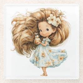 POSAVASOS DE VIDRIO NIÑA DE VERANO PEQUEÑA Y MONA VESTIDA DE AZUL