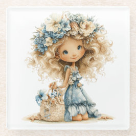 POSAVASOS DE VIDRIO NIÑA DE VERANO PEQUEÑA Y MONA VESTIDA DE AZUL