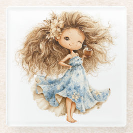 POSAVASOS DE VIDRIO NIÑA DE VERANO PEQUEÑA Y MONA VESTIDA DE AZUL