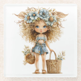 POSAVASOS DE VIDRIO NIÑA DE VERANO PEQUEÑA Y MONA VESTIDA DE AZUL