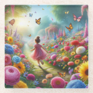 Posavasos De Vidrio Niña pequeña en un campo de flores y mariposas