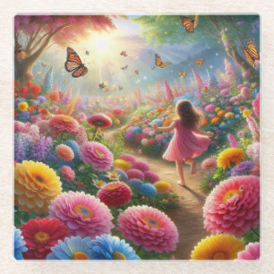 Posavasos De Vidrio Niña pequeña en un campo de flores y mariposas