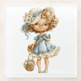POSAVASOS DE VIDRIO NIÑA PEQUEÑA Y BONITA DE VERANO VESTIDA DE AZUL